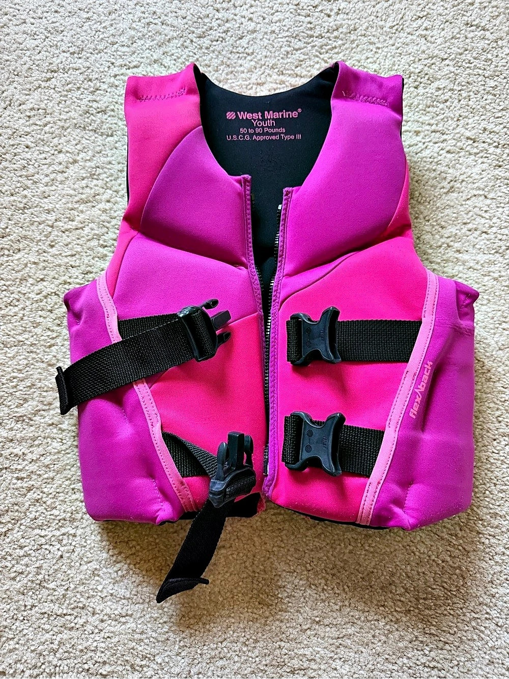 West Marine Youth Flex-Back Neoprene Life Vest Pink 50-90 lbs